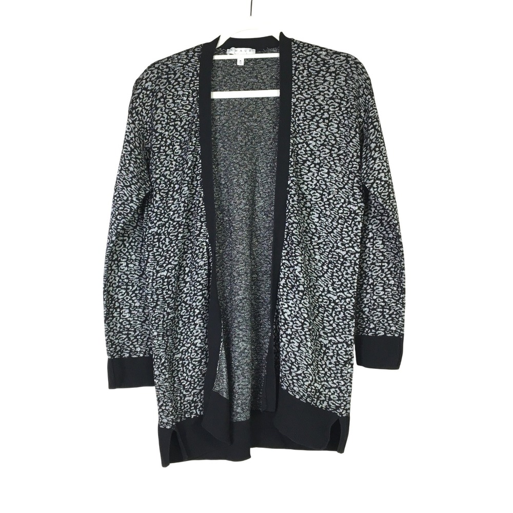 Chaus Metallic Leopard‎ Open Front Cardigan Medium Black Silver
